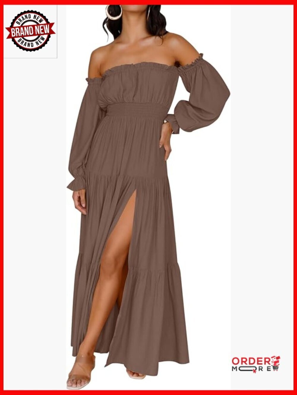 Off Shoulder Boho Maxi Dress Side Split Long Sleeve Flowy A-Line